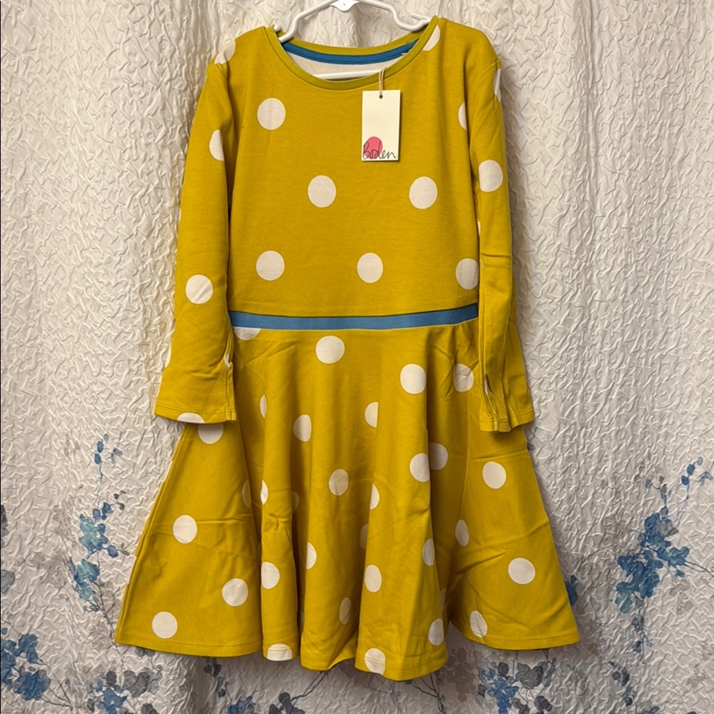 Mini Boden Yellow white polkadots ballerina Dress 8-9y